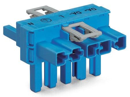 T-verdeler; 5-polig; Cod. I; 1 ingang; 2 uitgangen; 2 vergrendelpallen; blauw